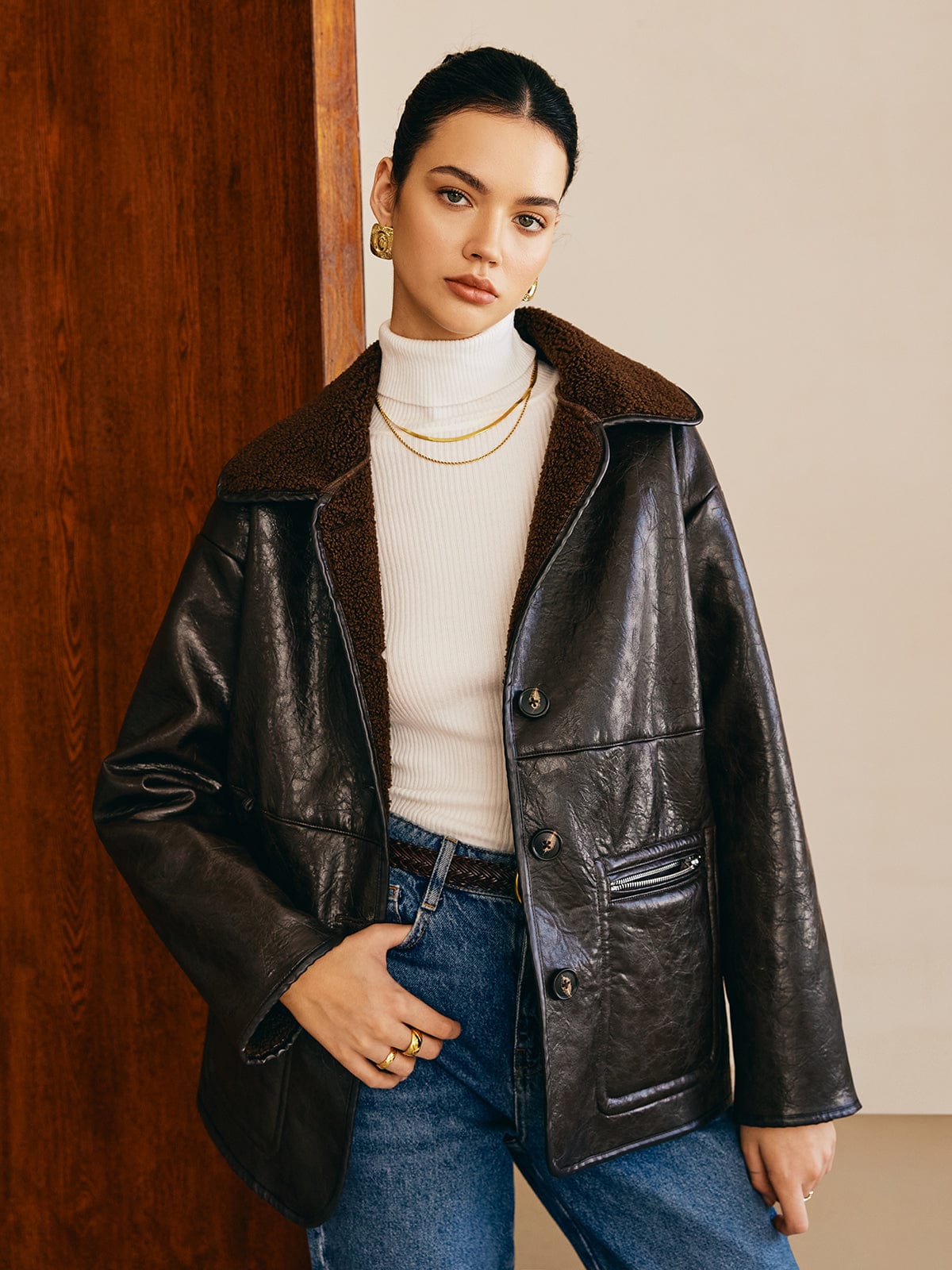 Sofia | Elegante Lederjacke für Damen Schwarz Teddy-Futter 0