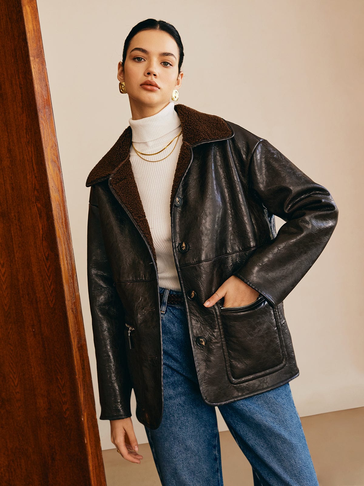 Sofia | Elegante Lederjacke für Damen Schwarz Teddy-Futter 4