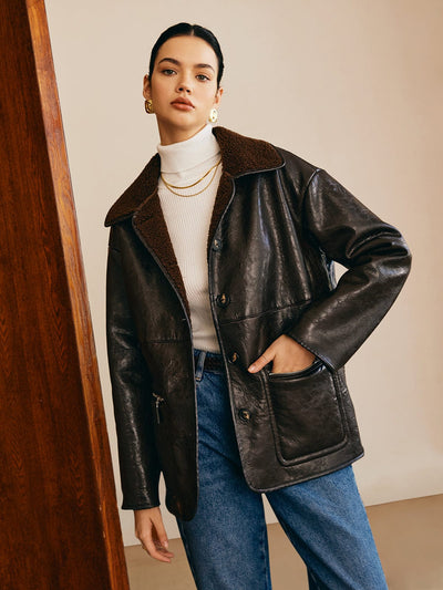 Sofia | Elegante Lederjacke für Damen Schwarz Teddy-Futter 4