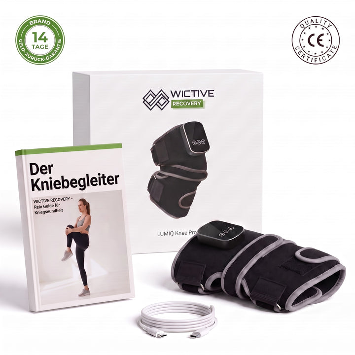 LUMIQ Knee Pro Rotlicht-Kniebandage mit Verpackung, USB-C-Kabel und Ratgeber „Der Kniebegleiter“