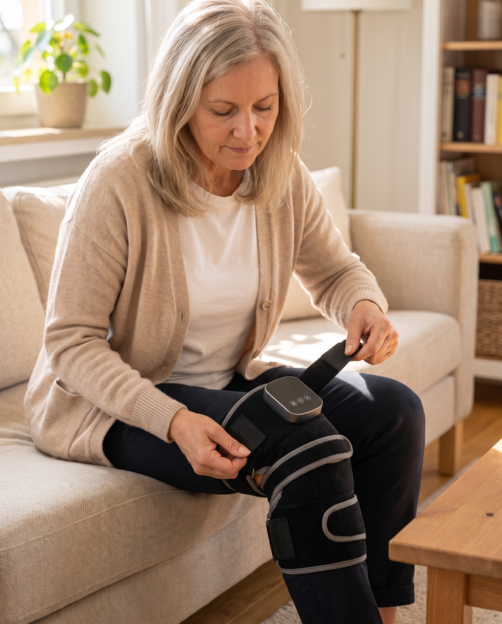 Frau legt die LUMIQ Knee Pro Kniebandage an