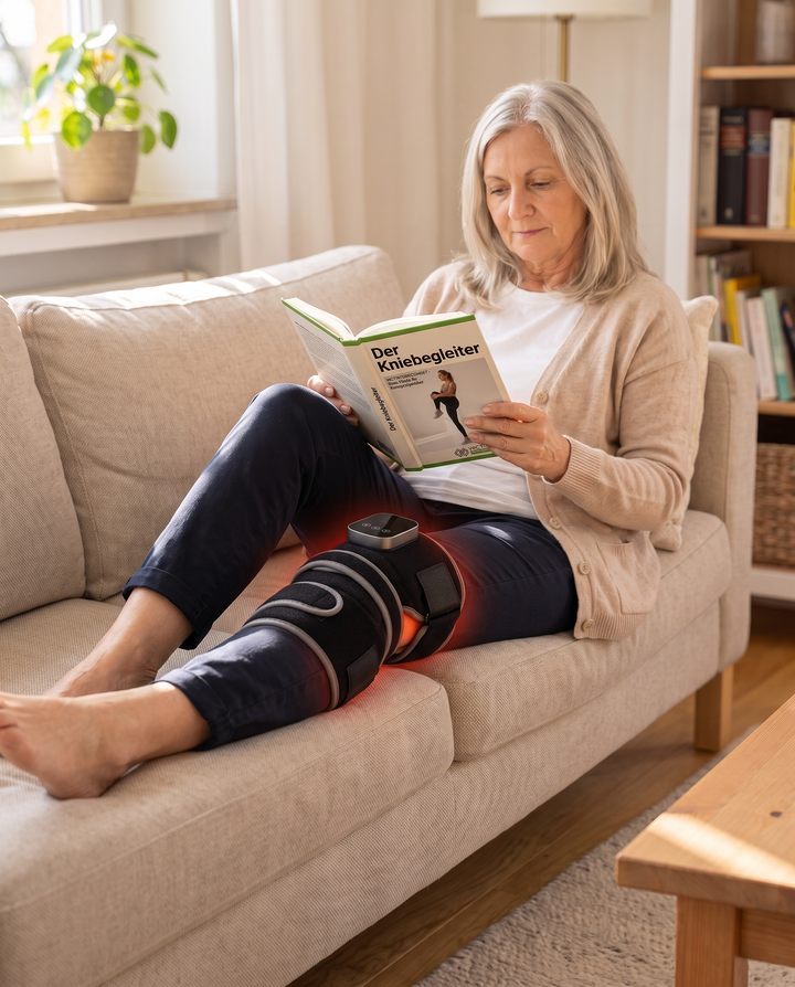 Frau entspannt auf dem Sofa mit angelegter LUMIQ Knee Pro und liest Der Kniebegleiter